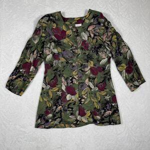 Vintage Kwai Floral Print Button Front Top Women's 10 Rayon Green 80's 90's